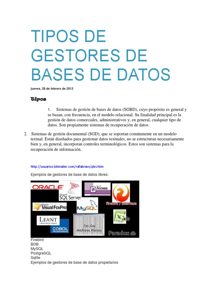 Tipos de Gestores de Bases de Datos | PDF | Apoyo | Bases de datos