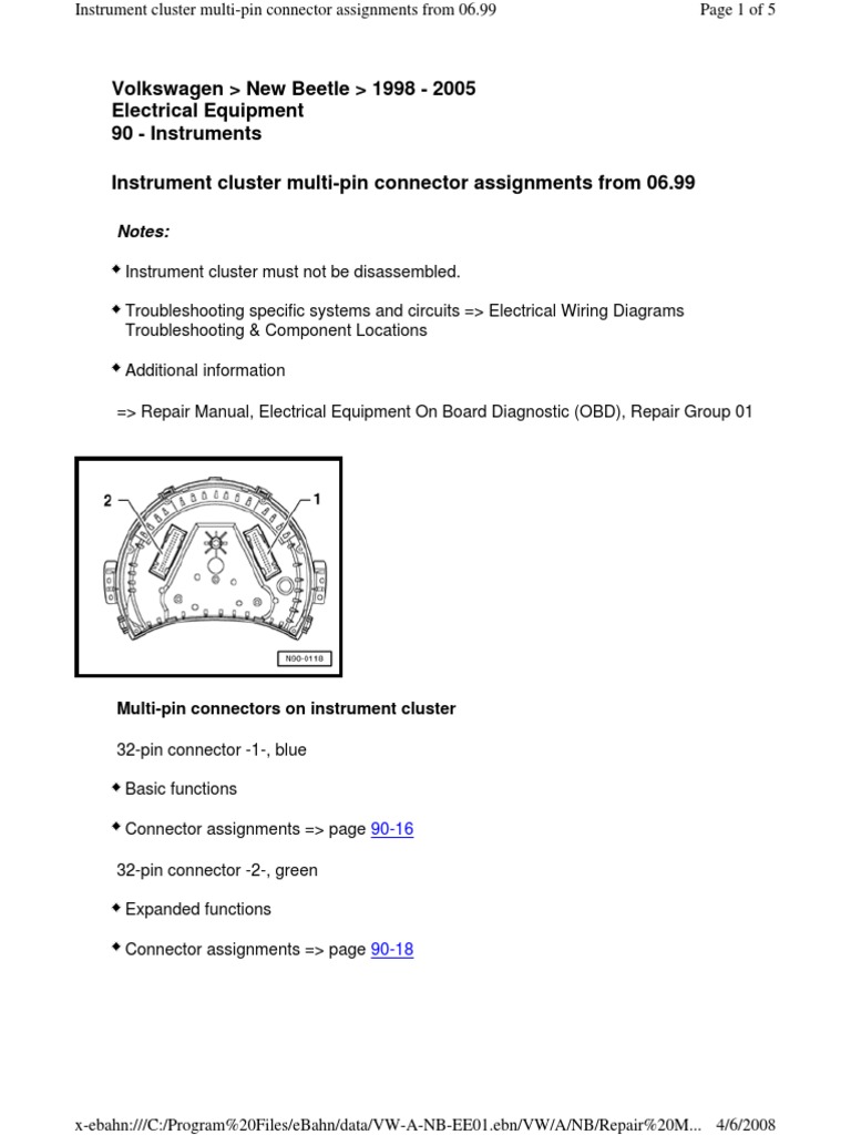 VW New Beetle Instrument Cluster Pinout | PDF | Electrical Connector ...