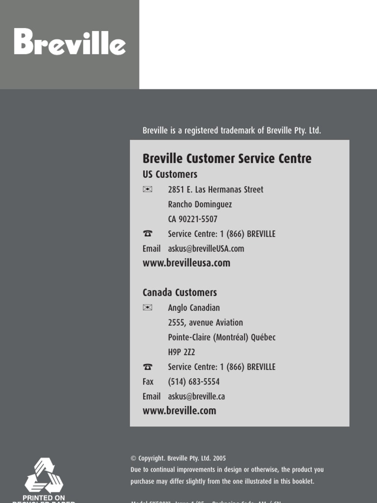 Breville SK500XL Manual PDF Switch Home Appliance