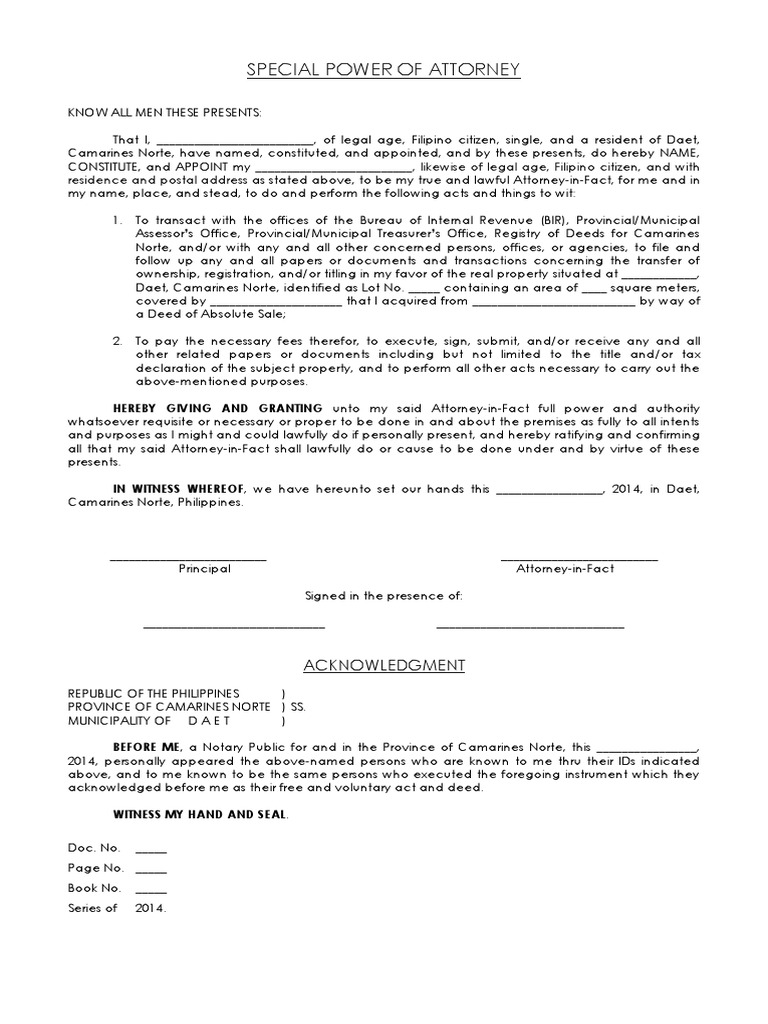 Special Power of Attorney Process Registration Deed of Sale Titling