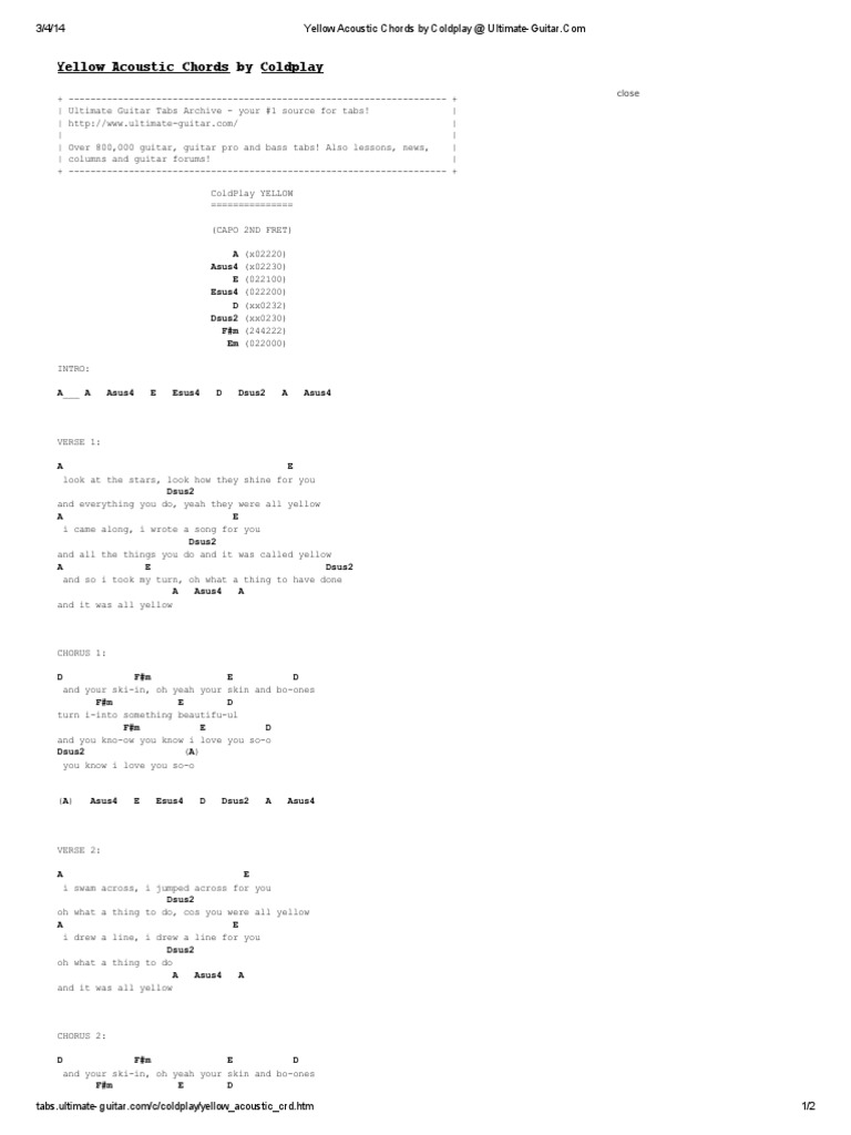 Yellow Acoustic Chords by Coldplay PDF