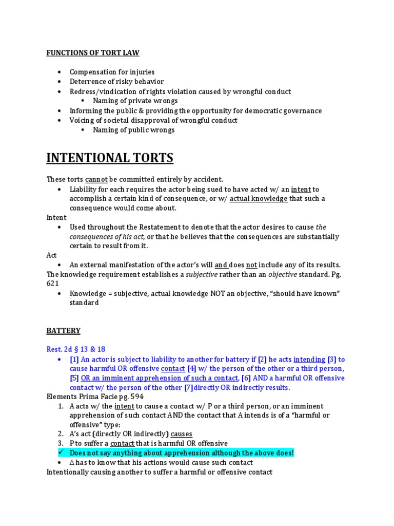 Tort Law Outline Intentional Infliction Of Emotional Distress