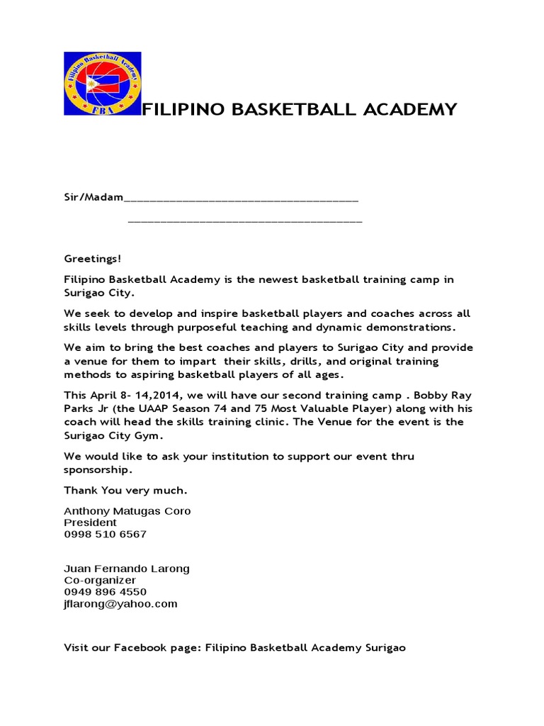 Filipino Basketball Academy Letter Final PDF Sports