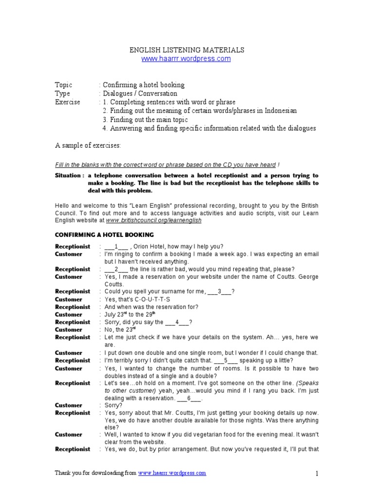 Hotel Booking Confirmation Dialogue | PDF