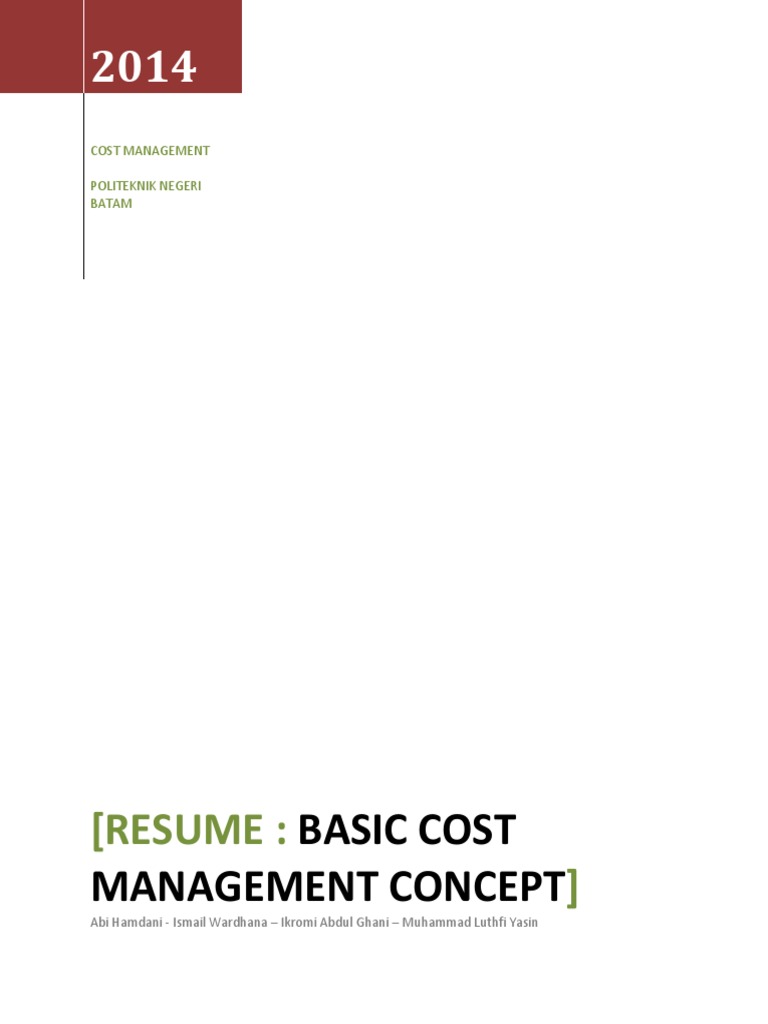 Resume of Basic Cost Management Concept PDF Cost Management