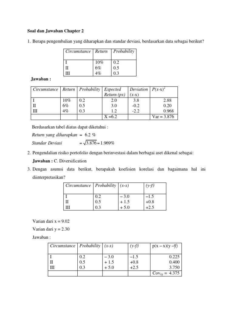 Soal Dan Jawaban Chapter 2 1 Berapa Pengembalian Yang Diharapkan Dan Standar Deviasi Berdasarkan Data Sebagai Berikut
