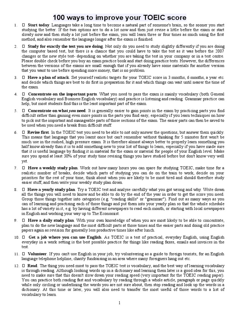 100 Ways To Improve Your TOEIC Score | PDF