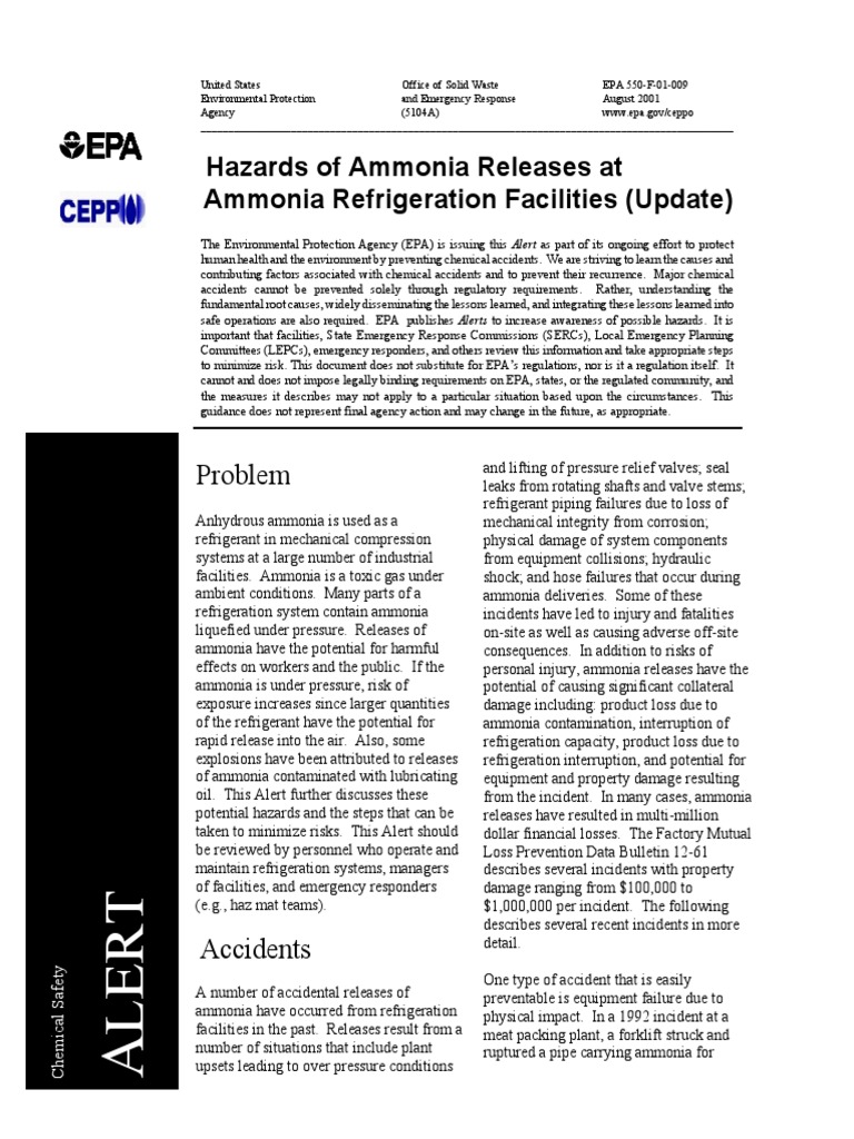 Hazards of Ammonia Releases at Ammonia Refrigeration Facilities (Update
