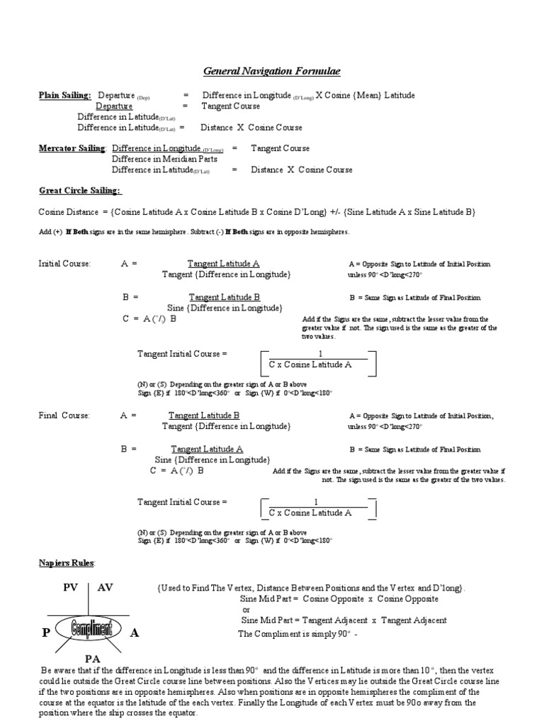 General Navigation Formulae Latitude Navigation