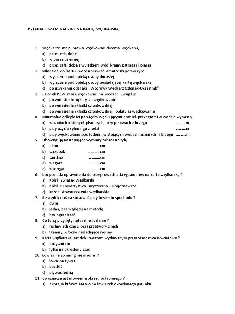 Pytania I Odpowiedzi Na Egzamin Na Karte Wedkarska