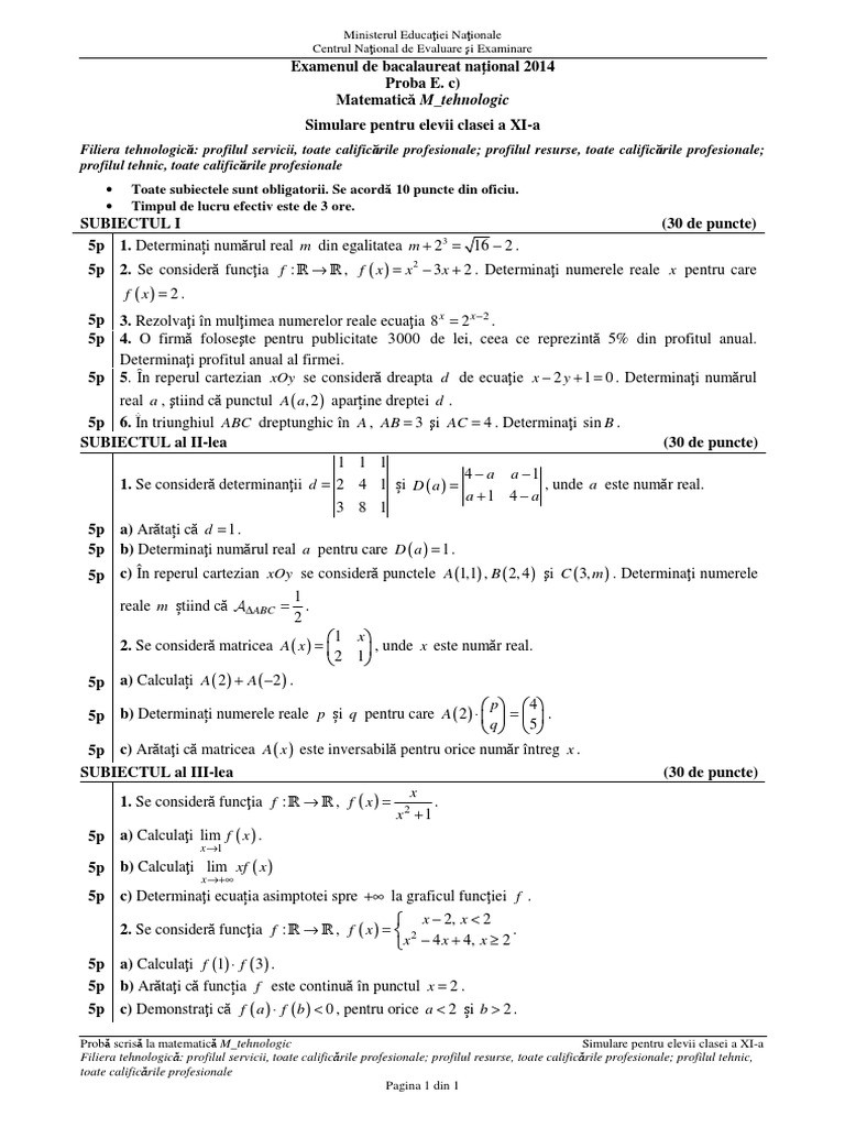 Matematica M Tehnologic 2014 Subiecte | PDF