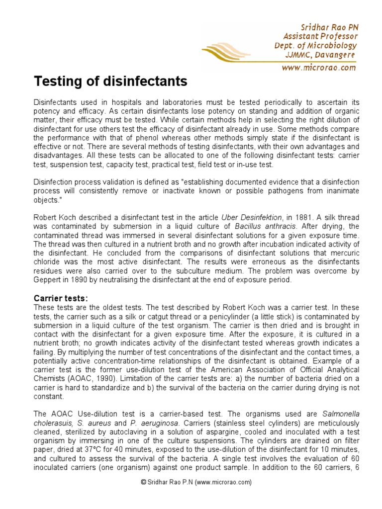 Testing of Disinfectants PDF Disinfectant Growth Medium