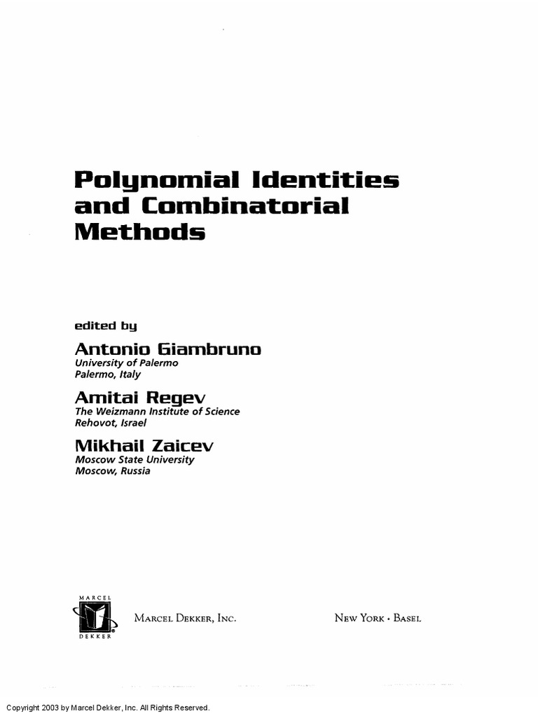 Polynomial Identities and Combinatorial Methods | PDF | Ring