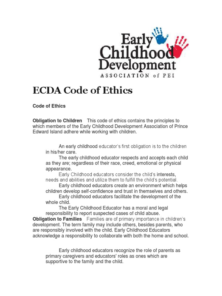 Ecda Code of Ethics Early Childhood Education Family