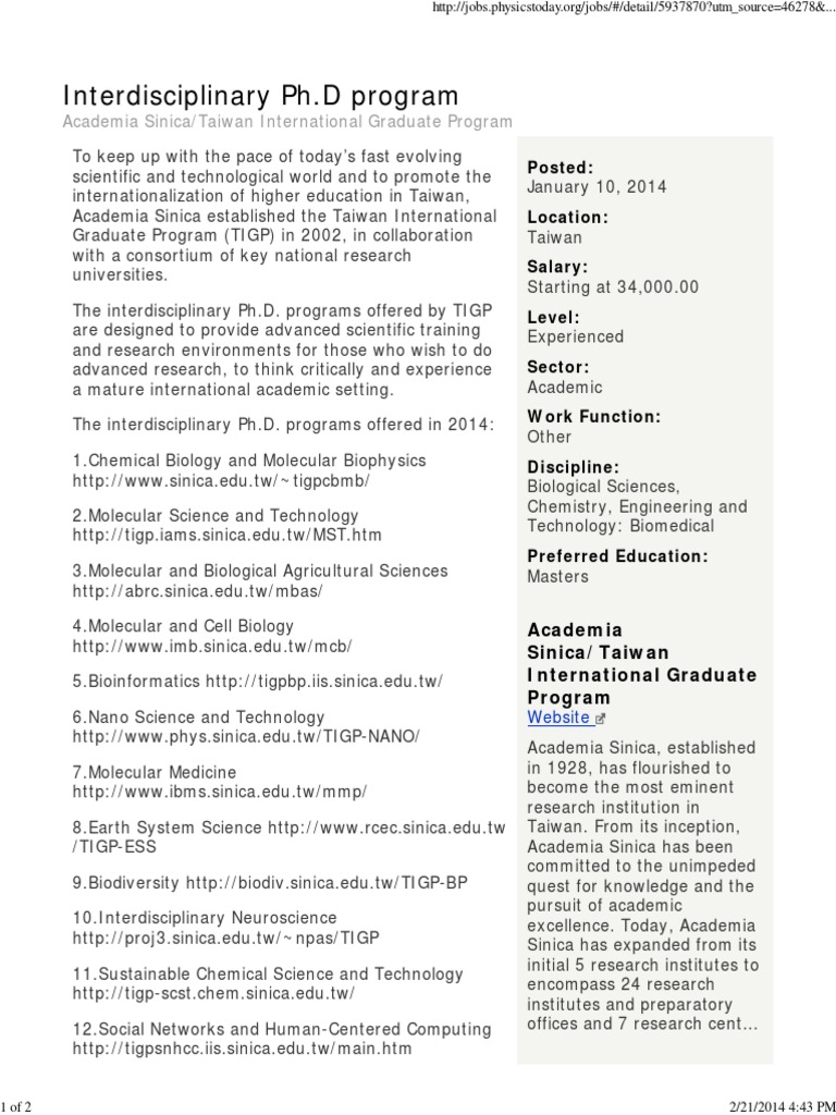 Interdisciplinary PH.D Program: Academia Sinica/Taiwan International ...