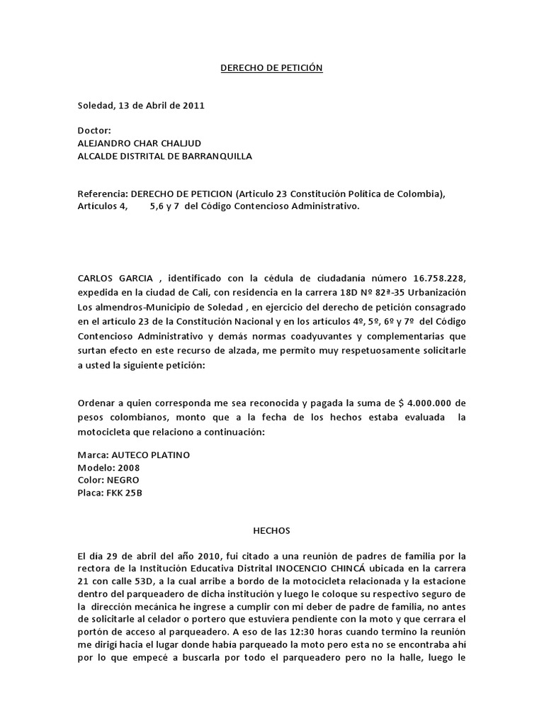 Derecho De PeticiÓn Petición Colombia