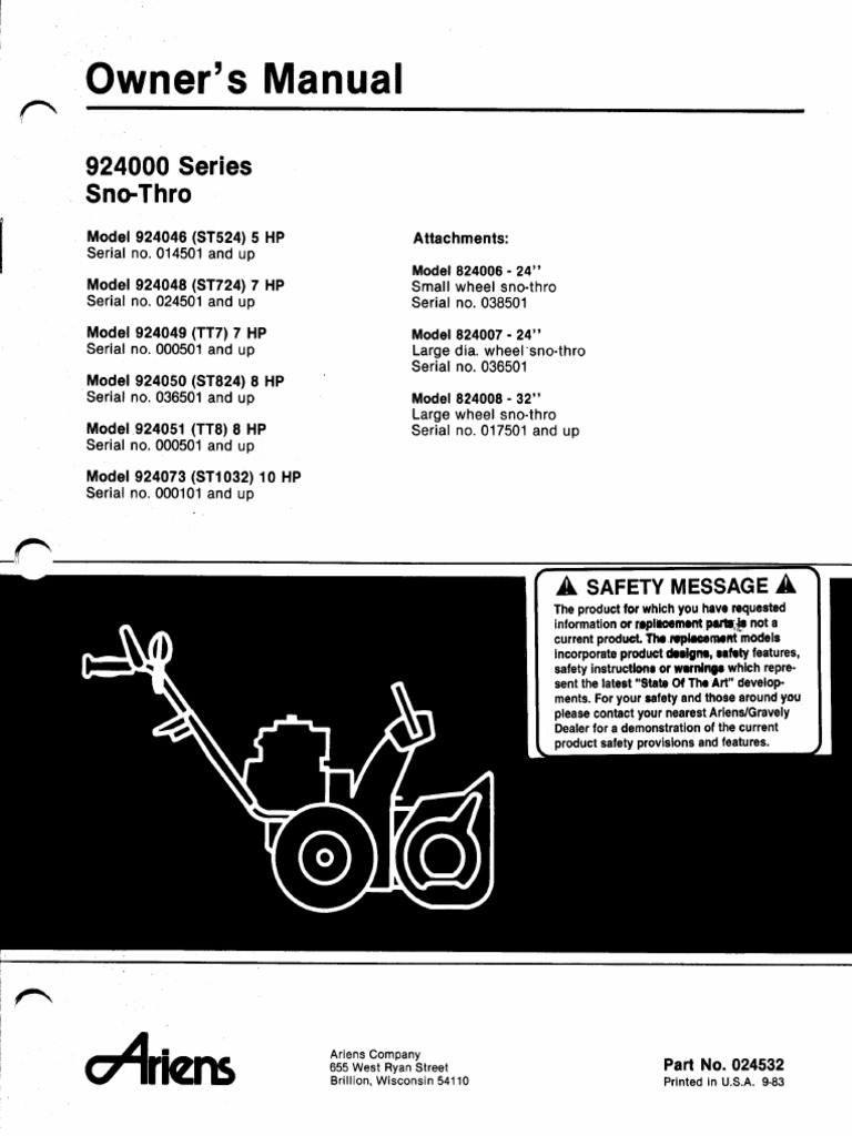 Ariens Model ST724 Snowblower Manual