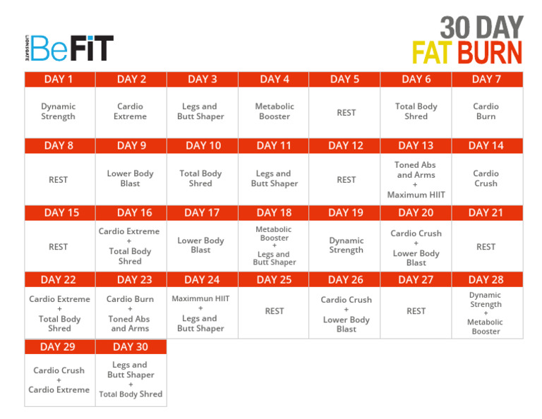 30 Day Fat Burn Workout Calendar