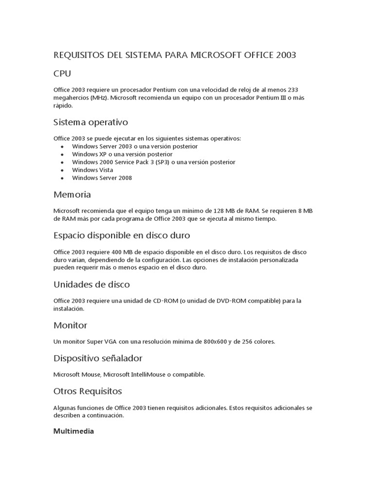 Requisitos Del Sistema para Microsoft Office 2003 | PDF | Windows XP |  Microsoft Windows