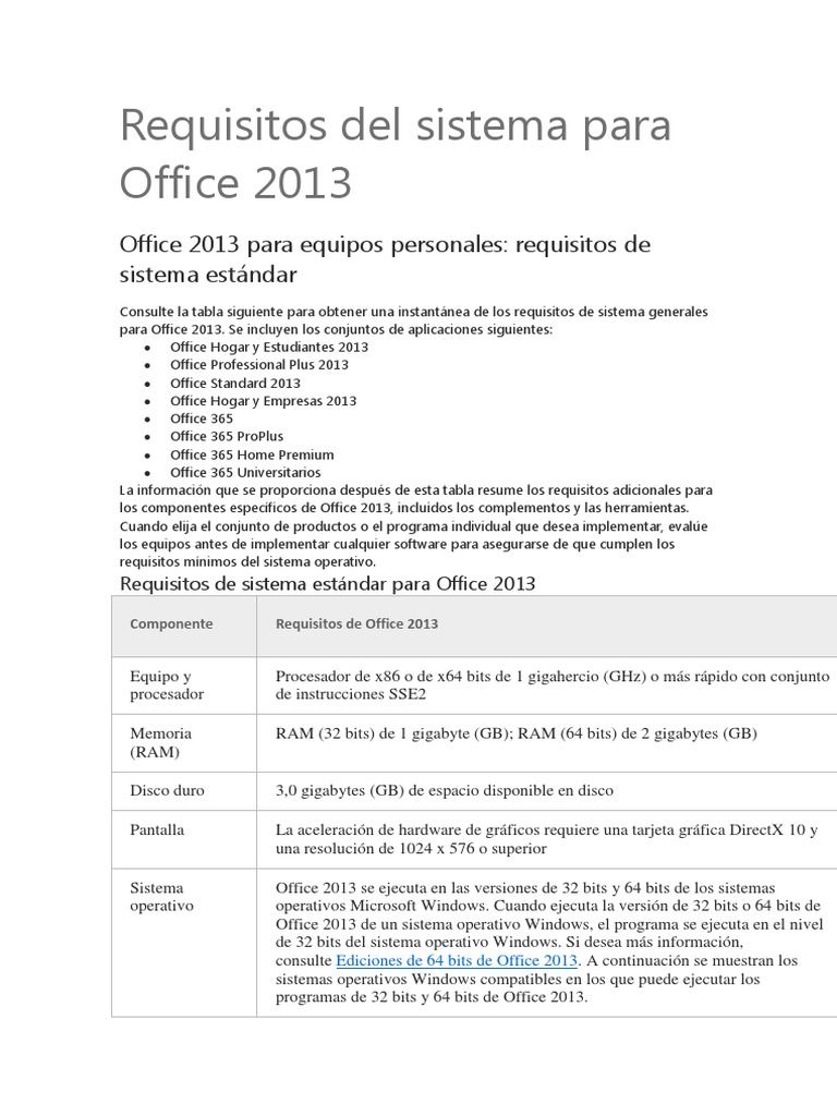 Requisitos Del Sistema para Office 2013 | PDF | Computación de 64 bits | Microsoft  Office