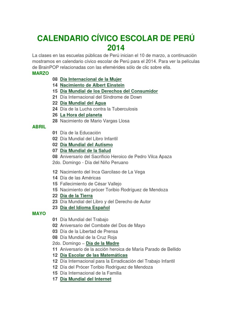 Calendario Cívico Escolar de Perú 2014 | PDF | Perú | Agitación