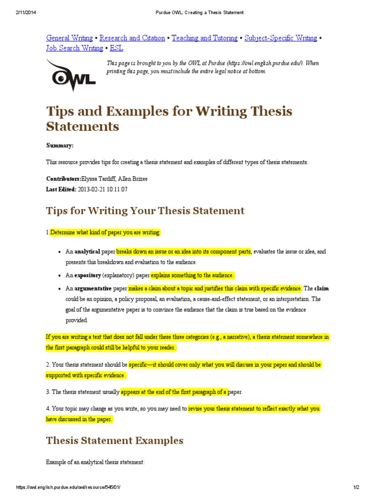 purdue owl tips and examples for writing thesis statements