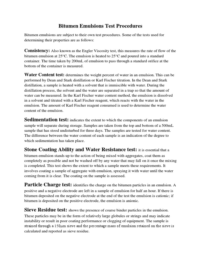 Bitumen Emulsion Testing Methods | PDF | Asphalt | Emulsion