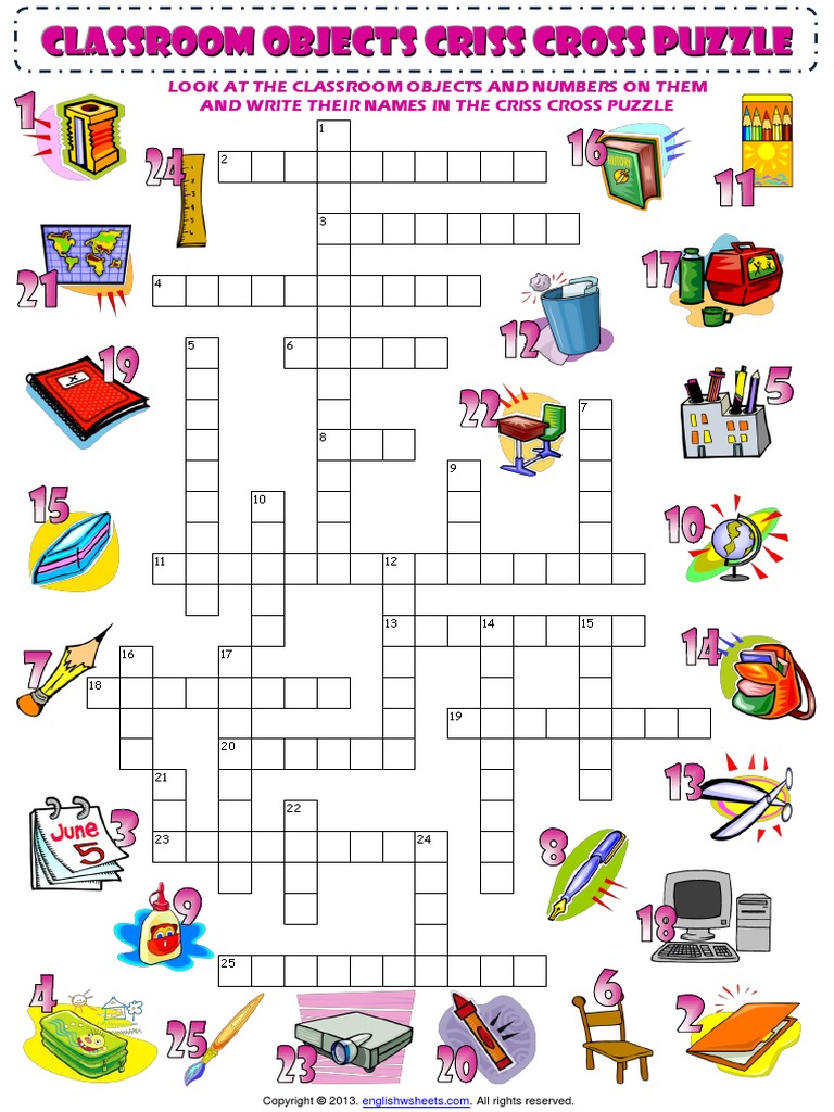 Classroom Objects Supplies Criss Cross Puzzle Vocabulary Worksheet | PDF for Free Printable Printable Criss Cross Puzzles