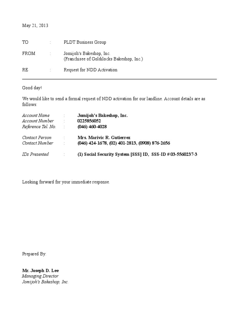 PLDT NDD Activation Request Letter Trece