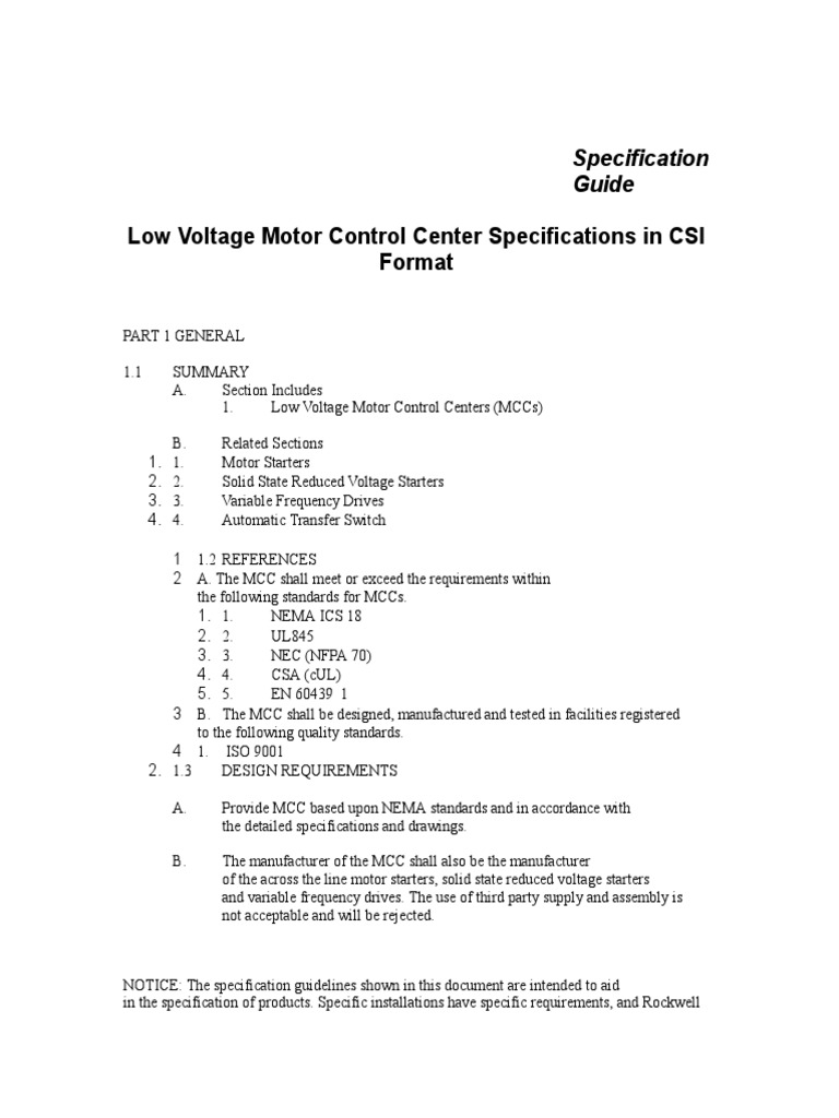 Low Voltage Motor Control Center Specifications in CSI Format | PDF ...