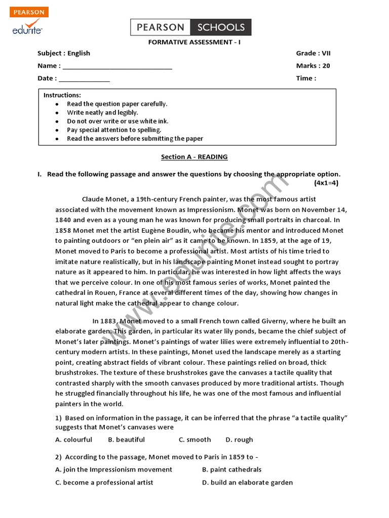 Class 7 English Assessment Paper | PDF | Claude Monet | Paintings