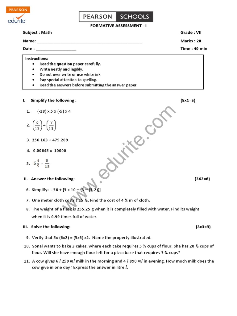 Class 7 Maths Formative Assessment I | PDF | Teaching Methods & Materials