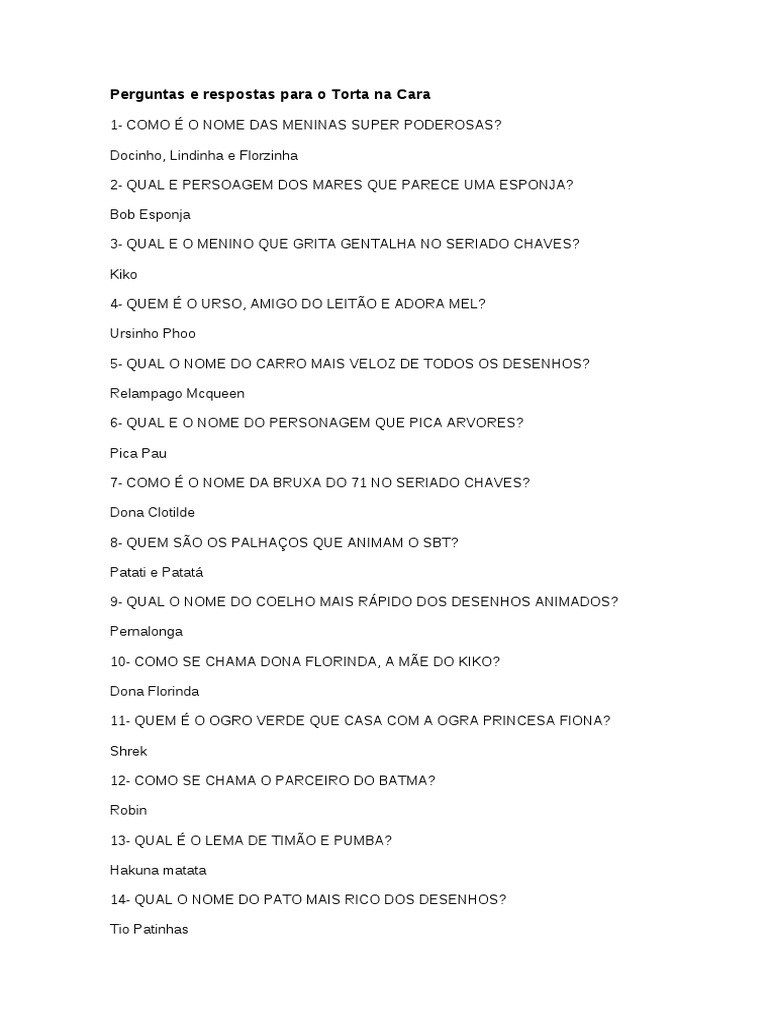 Perguntas Para Torta Na Cara Ensino Fundamental 1