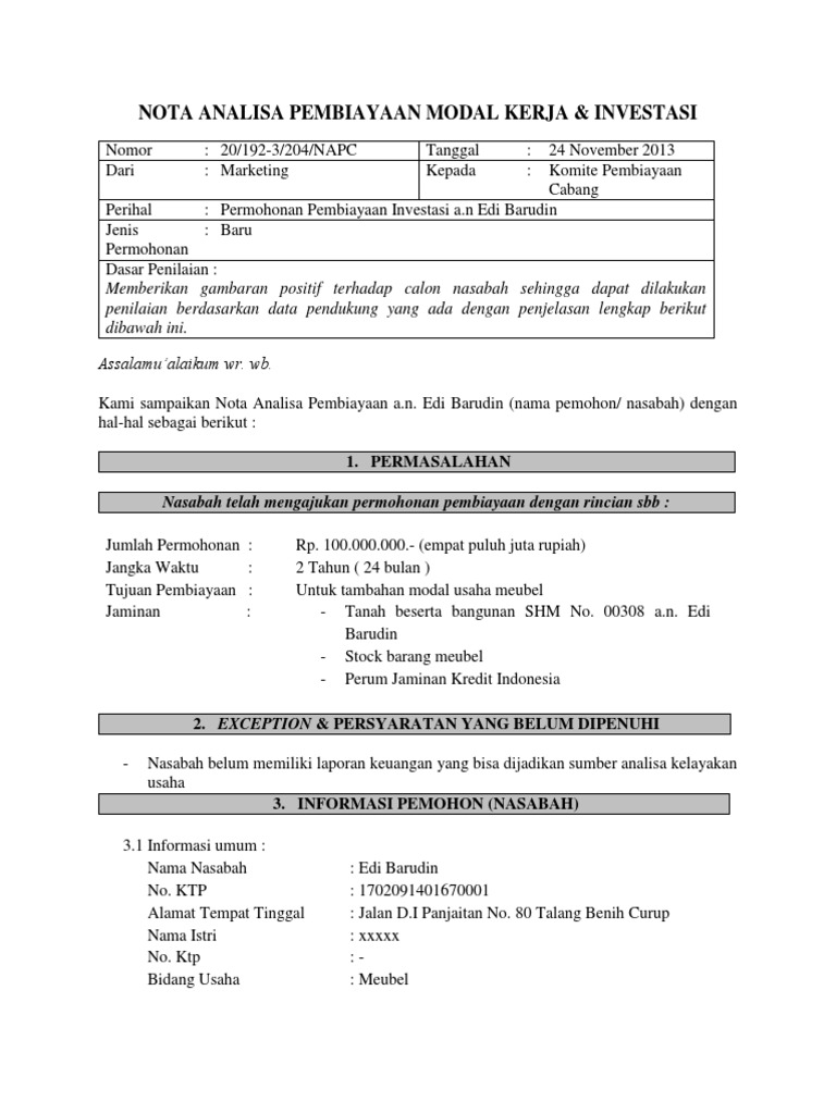 Nota Analisa Pembiayaan Modal Kerja