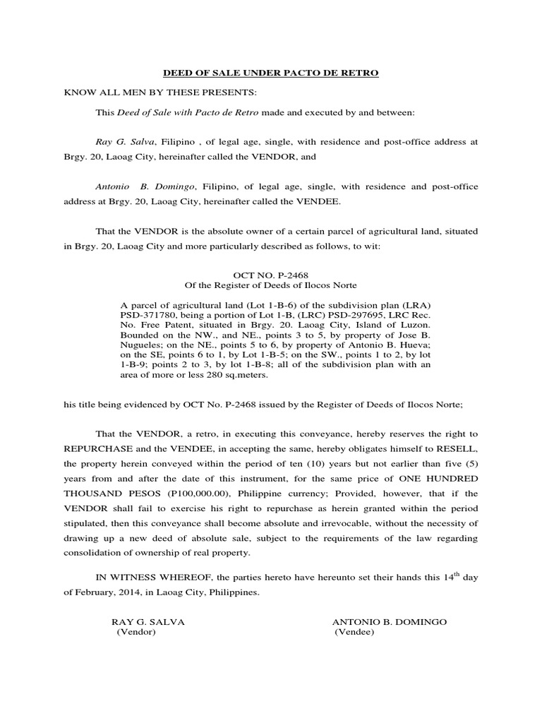 Deed of sale under pacto de retro pdf deed urban