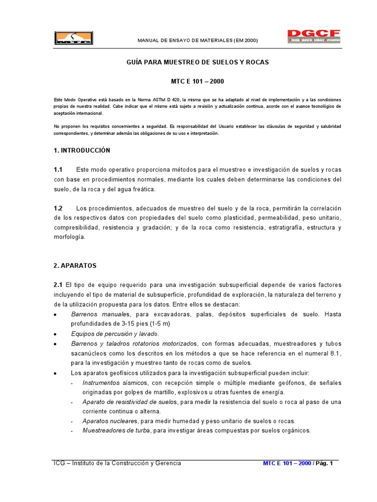 Muestreo de Suelos y Rocas MTC E 101 | PDF | Agua subterránea | Suelo