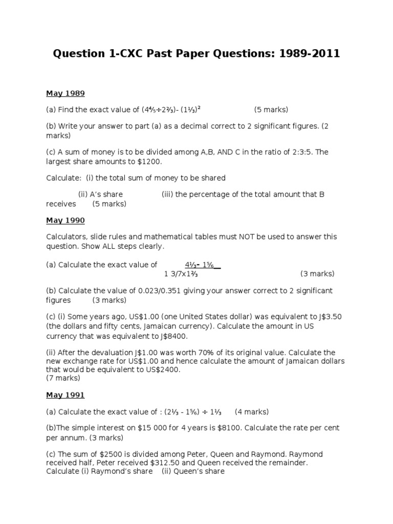 Question 1 CXC Past Questions 1989 2011compatability Mode | PDF ...