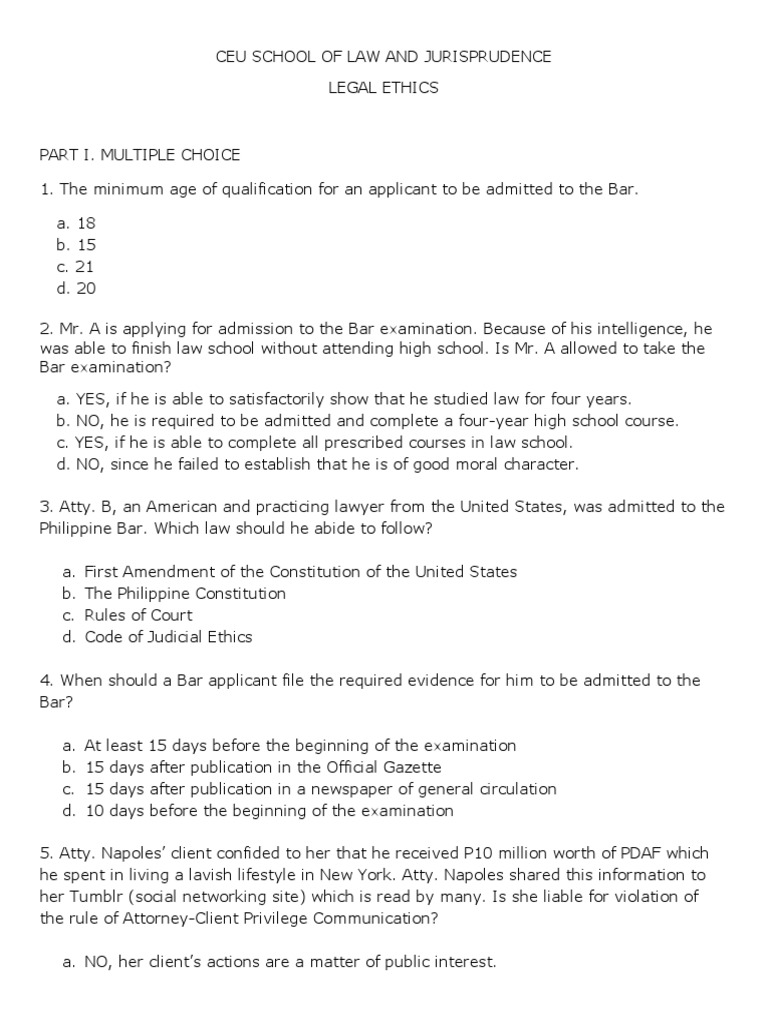 Mock Bar Legal Ethics PDF Lawyer Law School