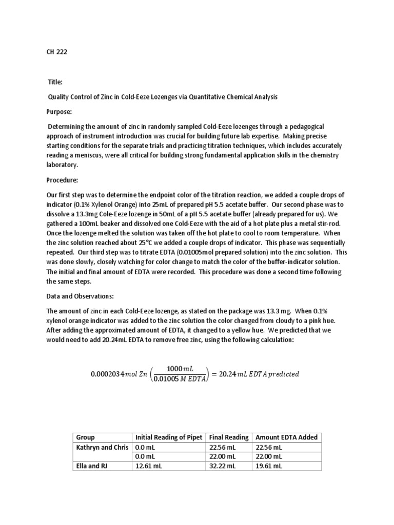 Quality Control Of Zinc In Cold Eeze Lozenges Via Quantitative Chemical Analysis Titration Chemistry