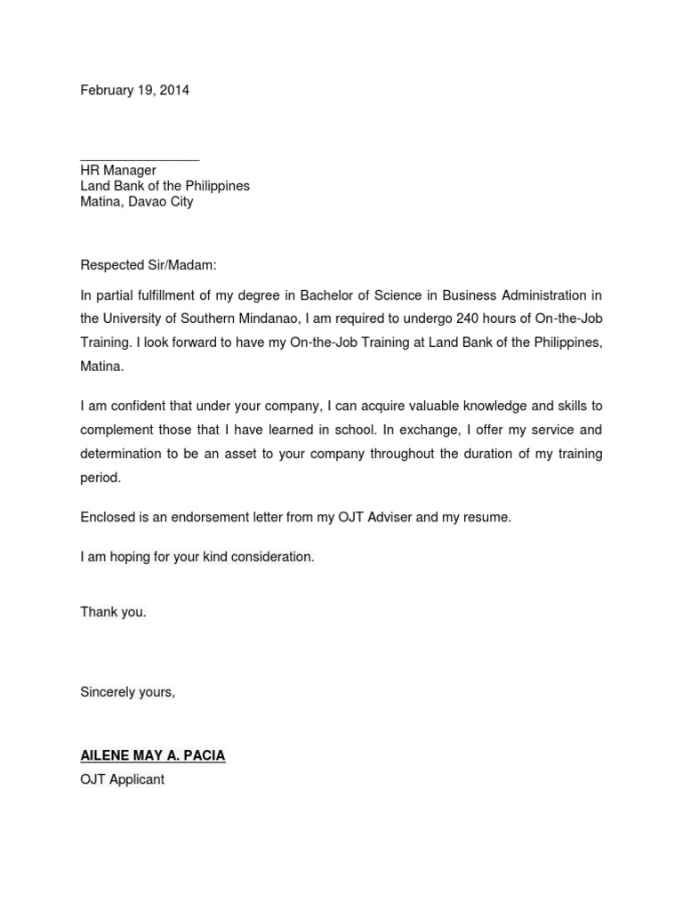 sample of application letter for ojt