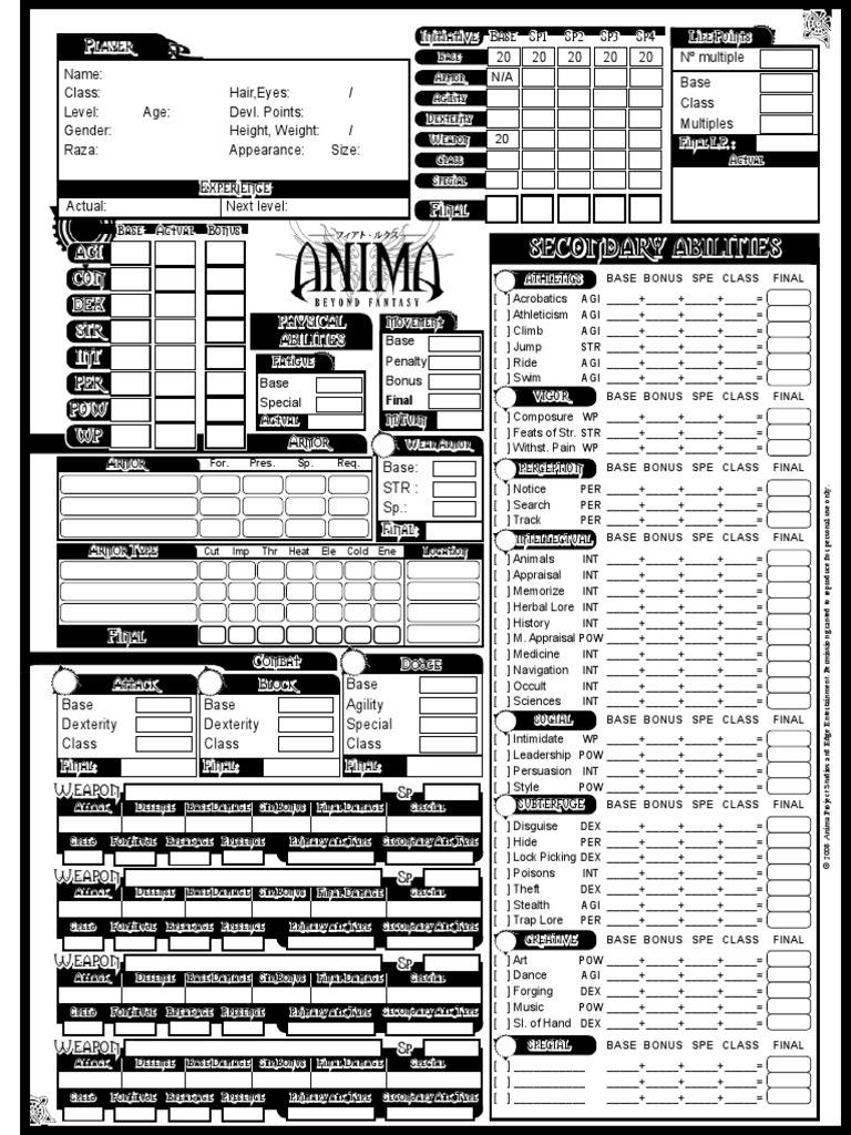 Anima Beyond Fantasy Character Sheet Nature
