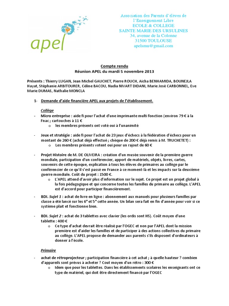 Compte Rendu Reunion Ca 5 11 2013 Pdf Ecoles Informatique Et Technologies De L Information
