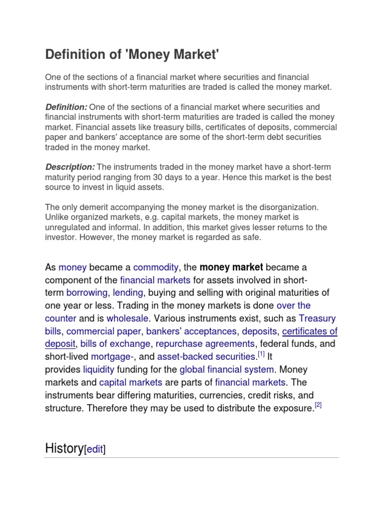 Definition of 'Money Market': History | PDF | Money Market | Money