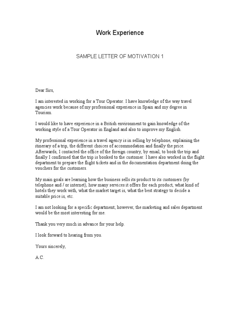 Sample Letter Of Motivation Travel Agency Sales Free 30 day Trial 