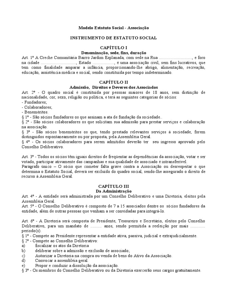 Modelo Estatuto Social Associacao | Jargão | Conceitos Jurídicos