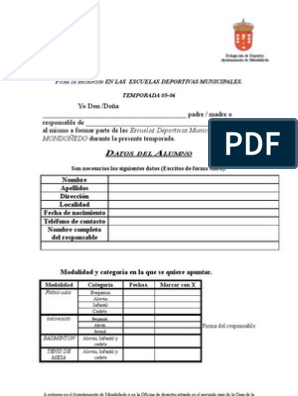 Ficha Inscripción Escuelas Deportivas | PDF | Bienestar | Medicina