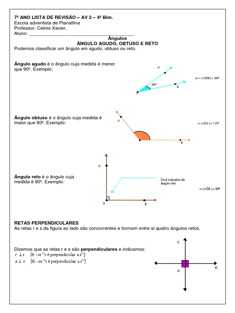 Angulos Complementares E Suplementares Exercicios Resolvidos 7 Ano