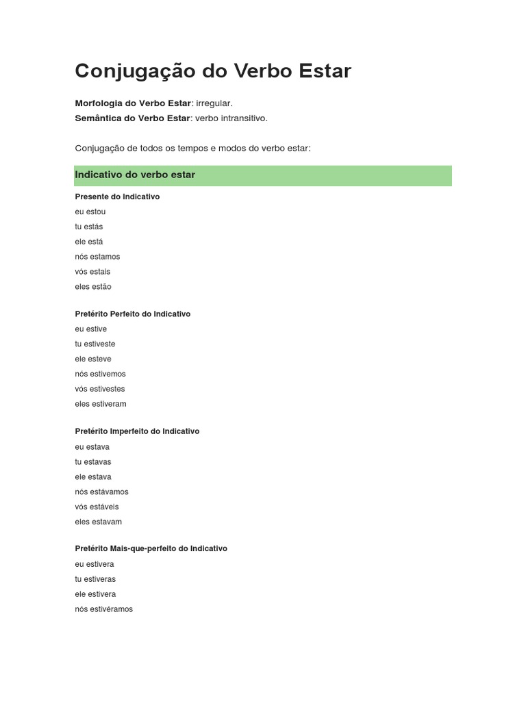 Conjugação do Verbo Estar | PDF | Tempo gramatical | Assunto (gramática)