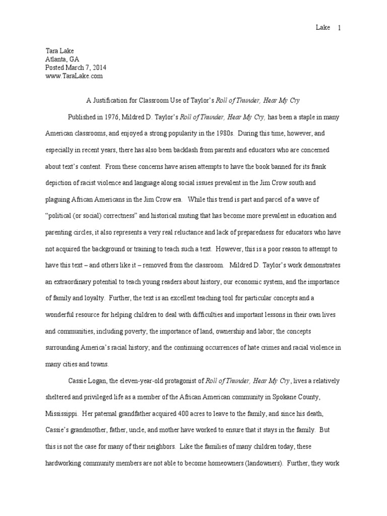 A Justification For Classroom Use Of Taylor S Roll Of Thunder Hear My Cry Society Racism