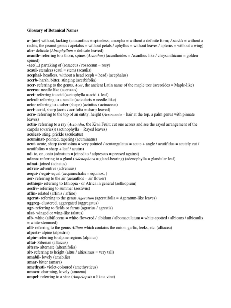 Glossary of Botanical Names PDF Trees Flowers